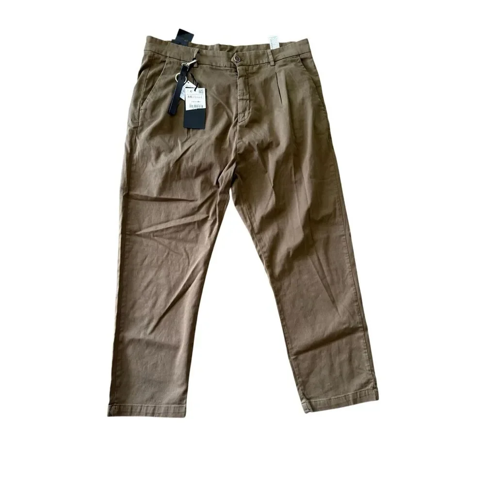 NWT Zara Mens Khaki Pleated Front Relaxed Fit Tapered Twill Chino Pants Sz US 34